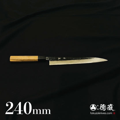 青二　ダマスカス　黒打仕上　筋引包丁　胡桃八角柄