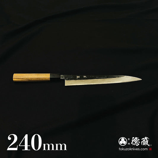 青二　ダマスカス　黒打仕上　筋引包丁　胡桃八角柄