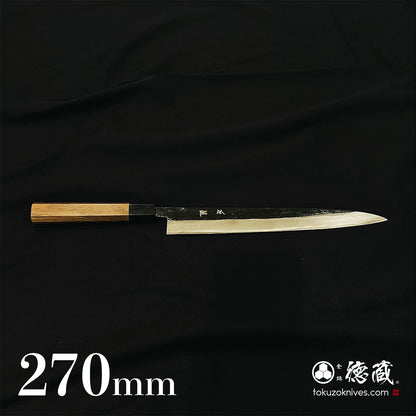 青二　ダマスカス　黒打仕上　筋引包丁　胡桃八角柄