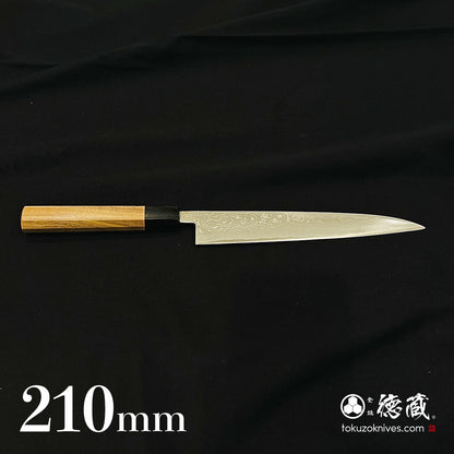 青二　ダマスカス　磨き仕上　筋引包丁　胡桃八角柄
