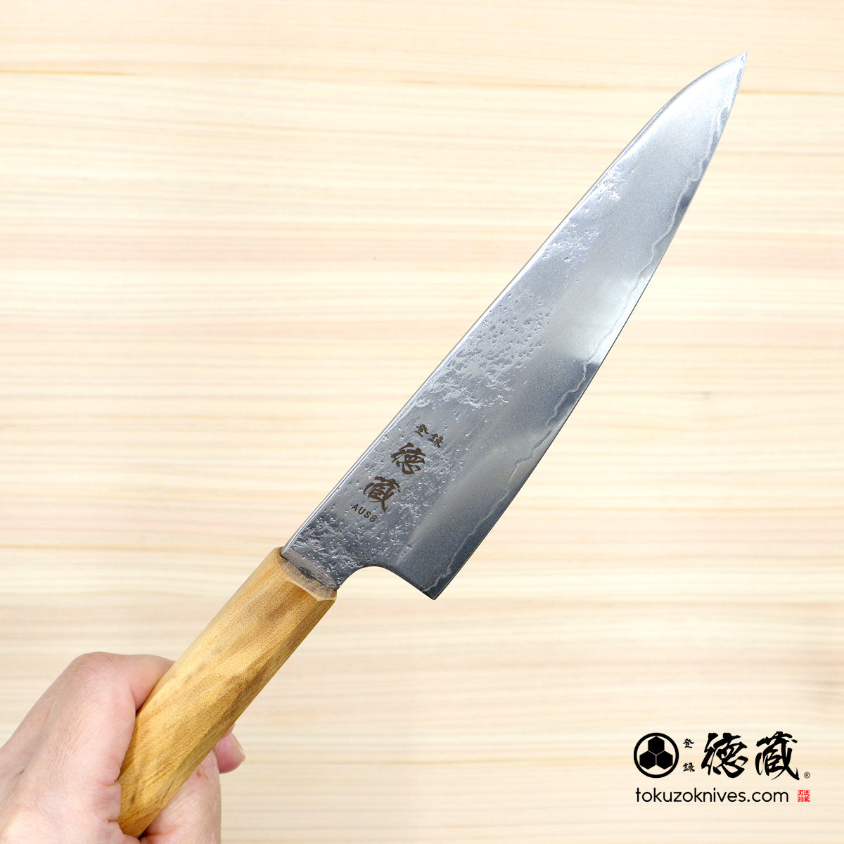 AUS8　梨地仕上　SC三徳包丁　オリーブ柄