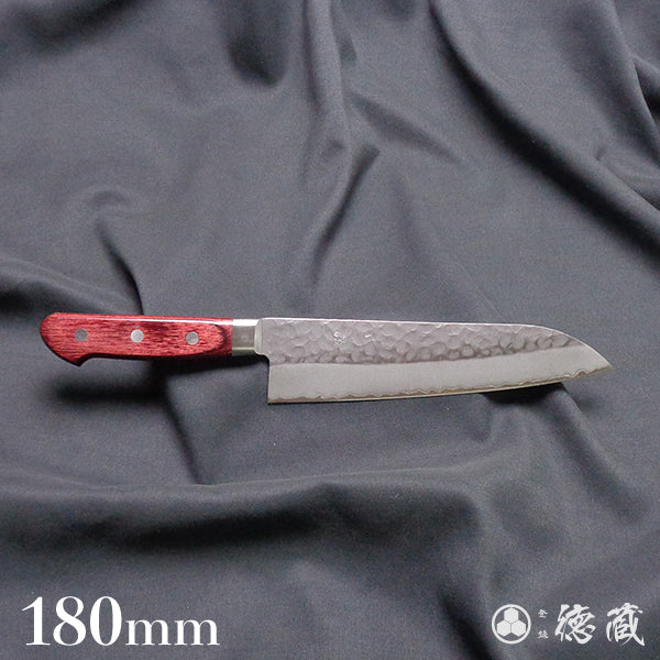 AUS8　槌目仕上　三徳包丁　赤ハンドル