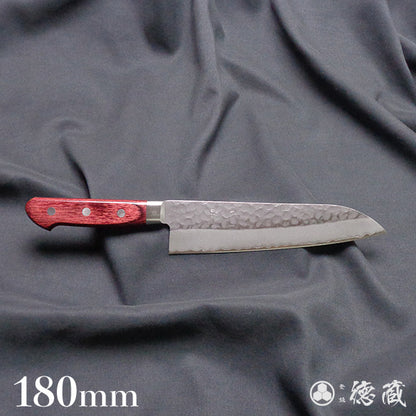 AUS8　槌目仕上　三徳包丁　赤ハンドル
