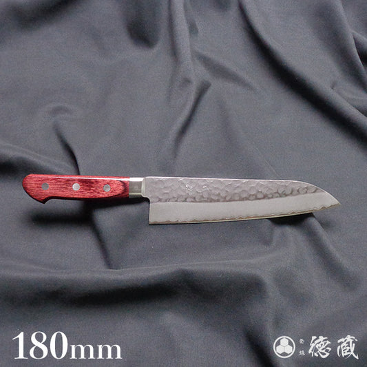 AUS8　槌目仕上　三徳包丁　赤ハンドル