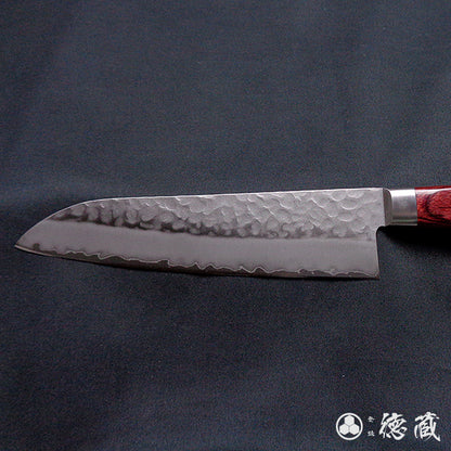 AUS8　槌目仕上　三徳包丁　赤ハンドル