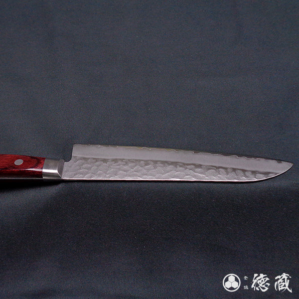 AUS8　槌目仕上　三徳包丁　赤ハンドル