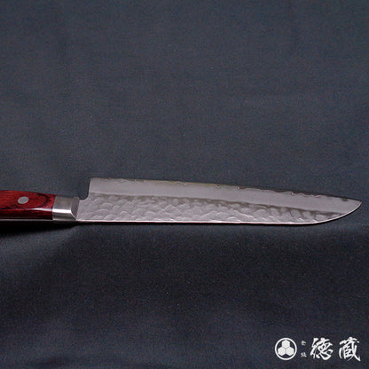 AUS8　槌目仕上　三徳包丁　赤ハンドル