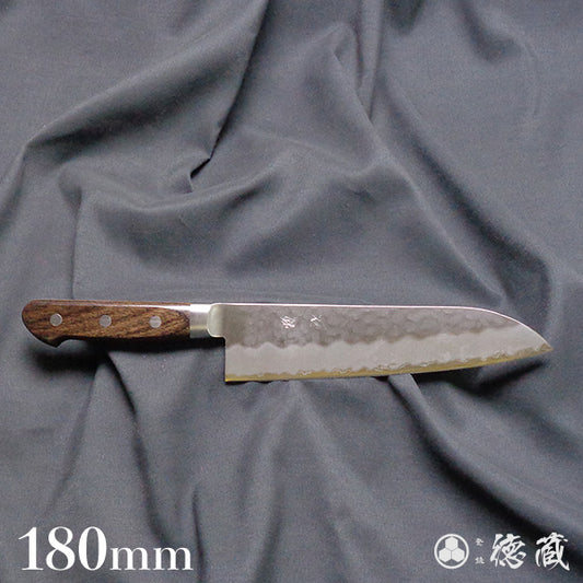 AUS8　槌目仕上　三徳包丁　薄茶ハンドル