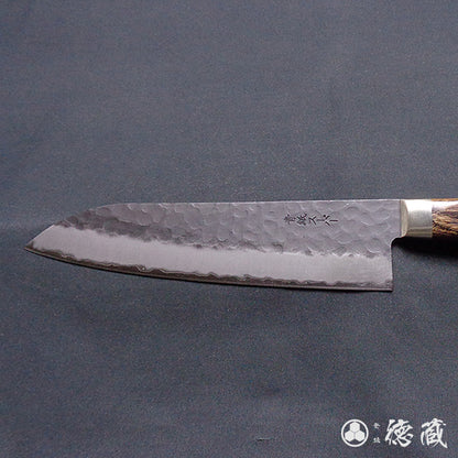 青Ｓ　黒肌槌目仕上　三徳包丁　焦茶ハンドル